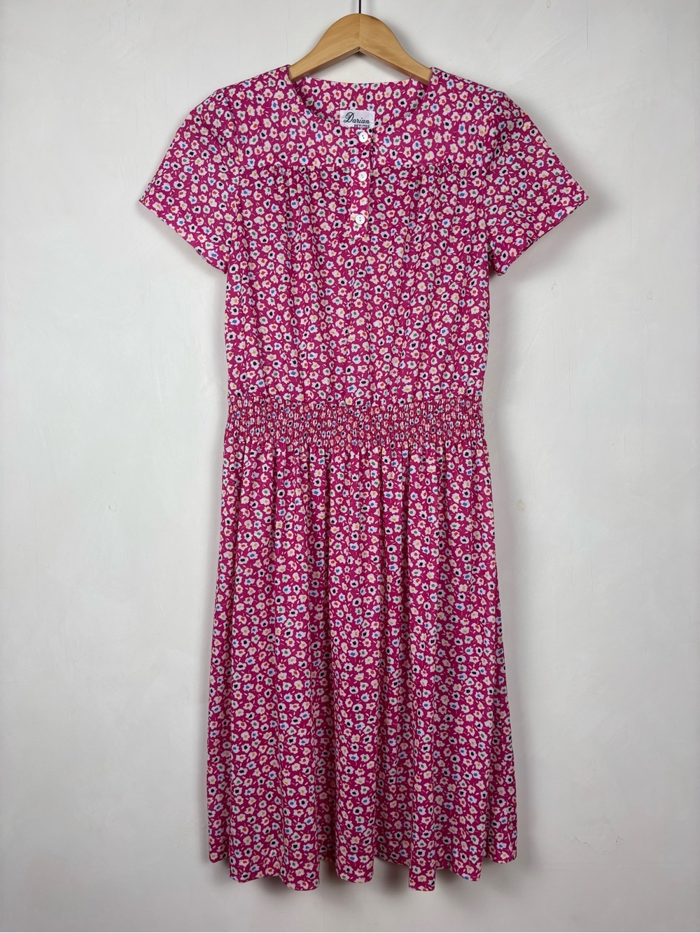 Vintage 90s Pink Floral Midi Dress 8P Cottagecore Button Front Smocked Dress